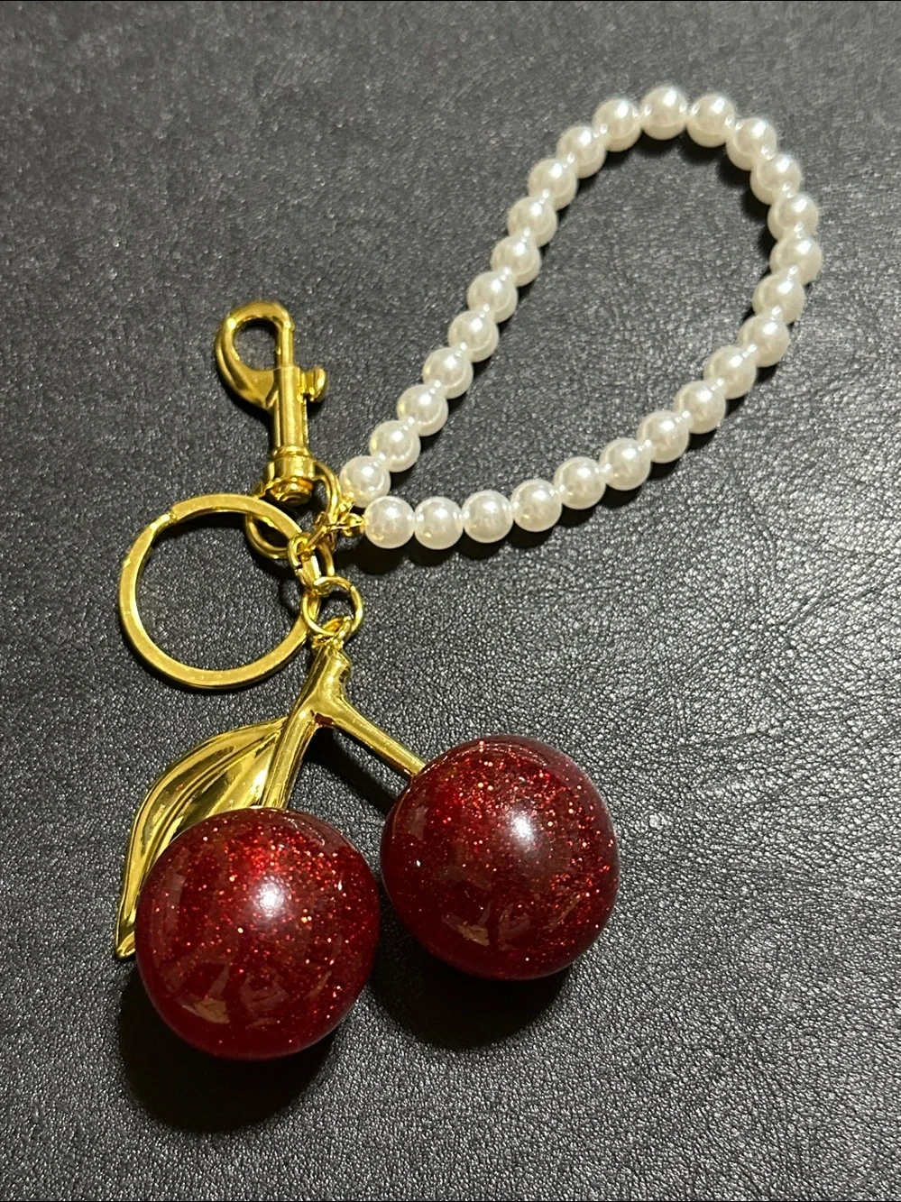 223.  Cherry Gold Tone Key Chain / Bag Charm With Faux Pearl Wrist Strap